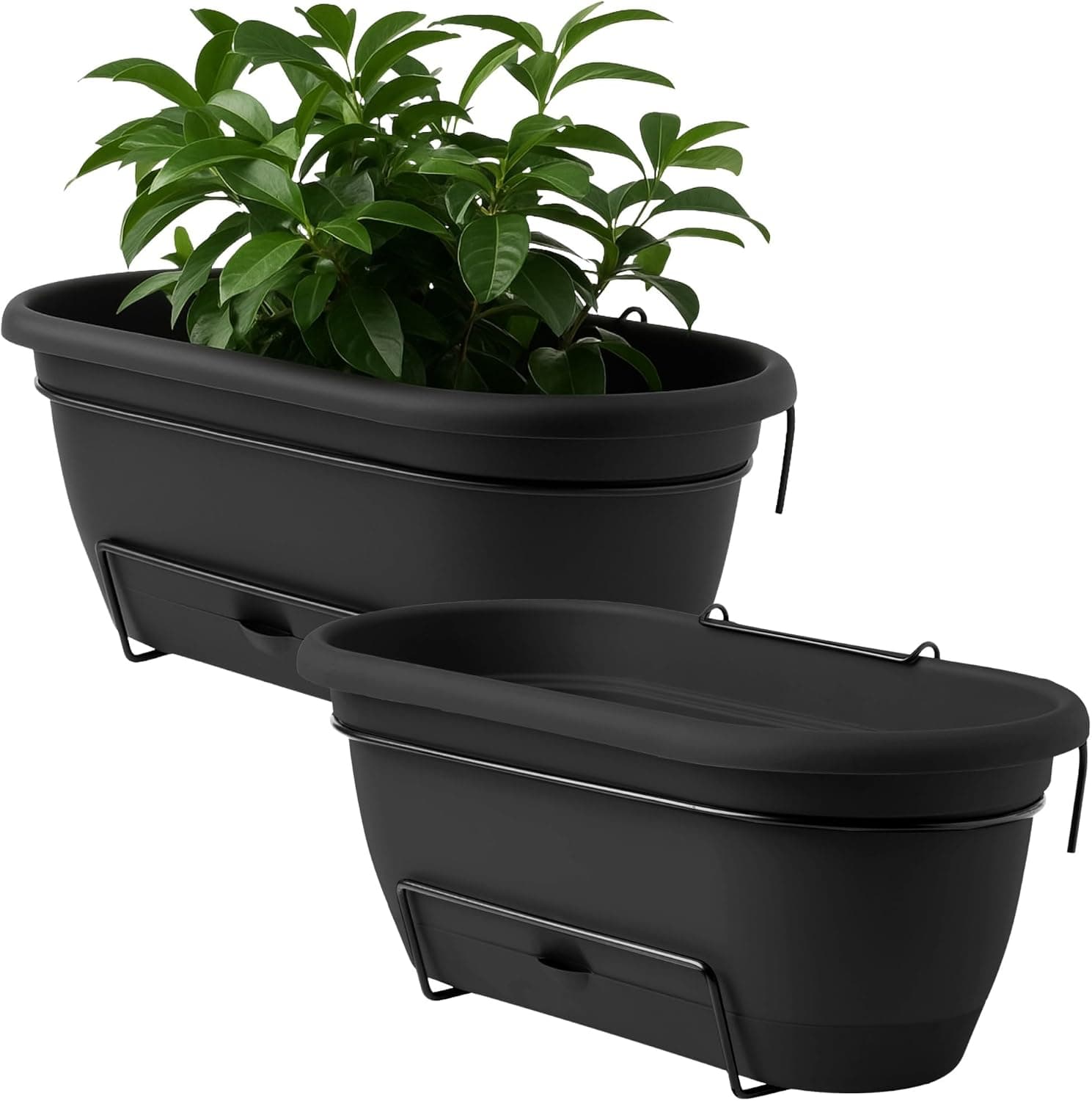 Bloem Lucca 18 Inch Plastic Self-Watering Balcony Box Planter with Metal Hanger Mount, Black 2-Pack
