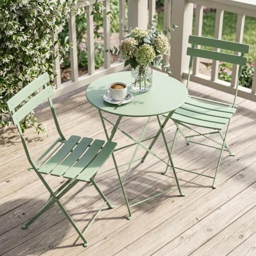 Decksplore 3-Piece Patio Bistro Set, Folding Outdoor Bistro Table and Chairs with Sturdy Steel Frame, No Assembly Required, Small Patio Furniture for Balcony Garden Porch, Bean Green
