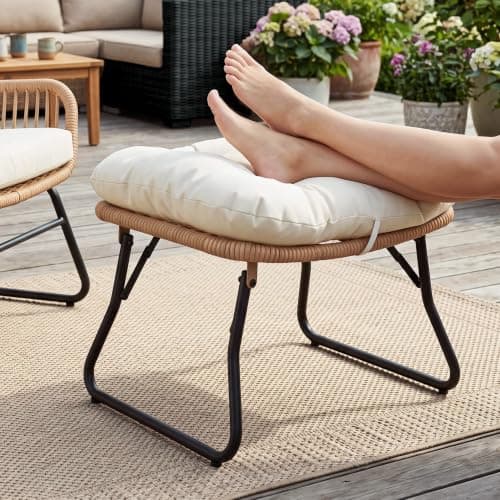 HOMEZILLIONS Wicker Outdoor Ottoman Single-Large Foldable Boho Rattan Footstool with Thick Waterproof Cushion, Comfortable Foot Rest for Patio, Balcony, Deck